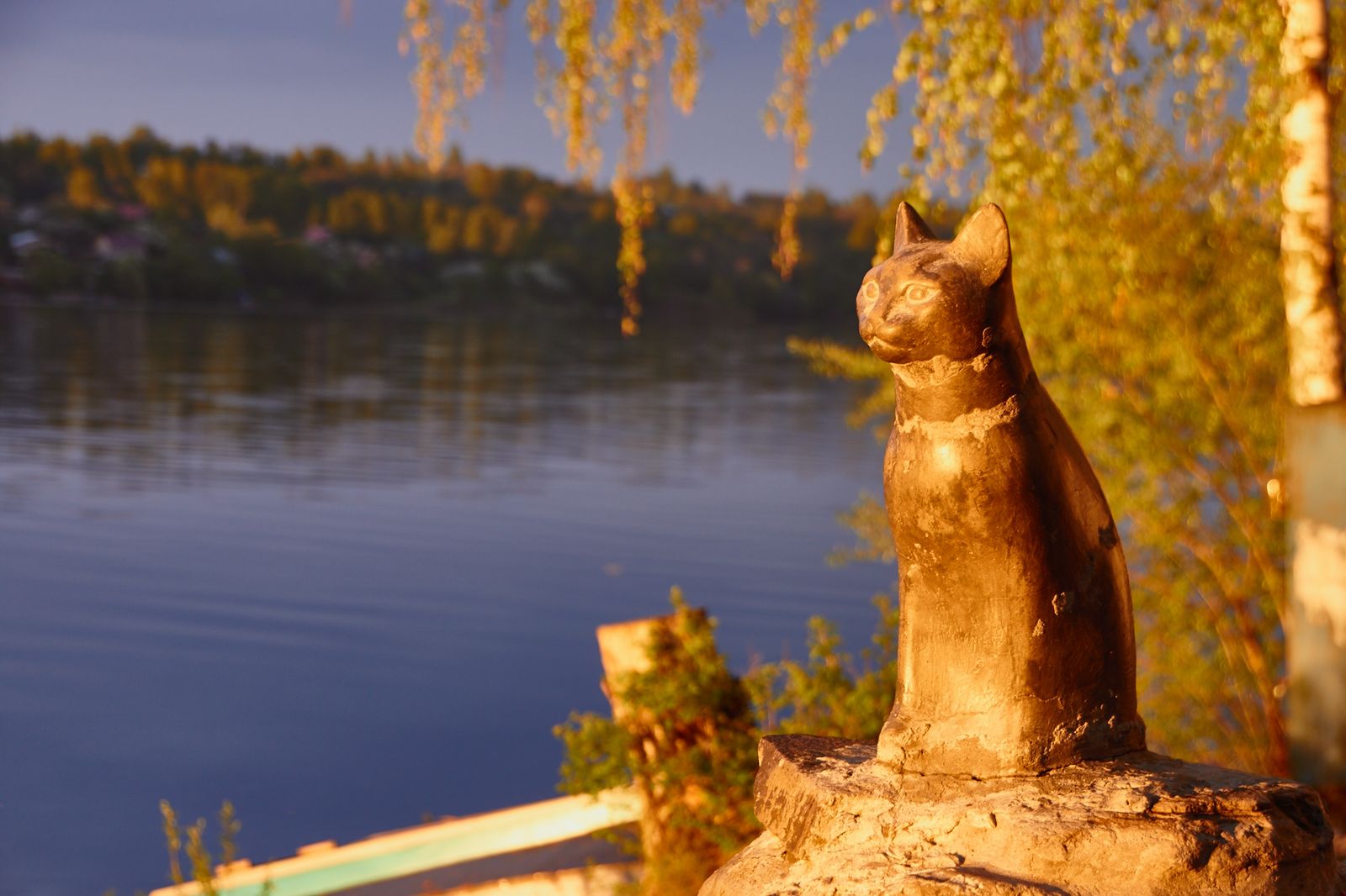 На берегу стоит памятник кошке Мухе